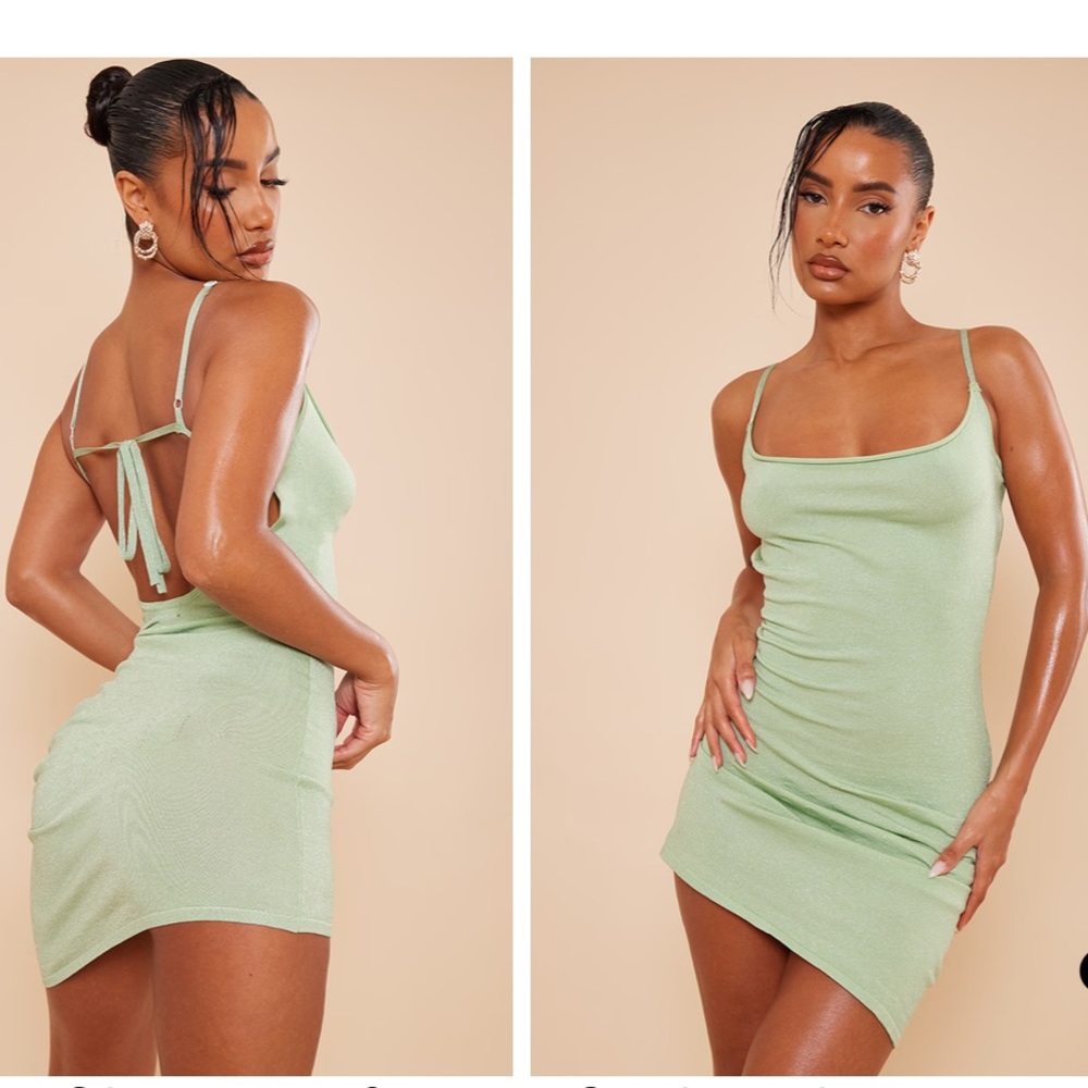 NWT Pretty Little Thing Glitter Knit Open Back Mini Tank Dress Green Size Medium - Picture 1 of 9